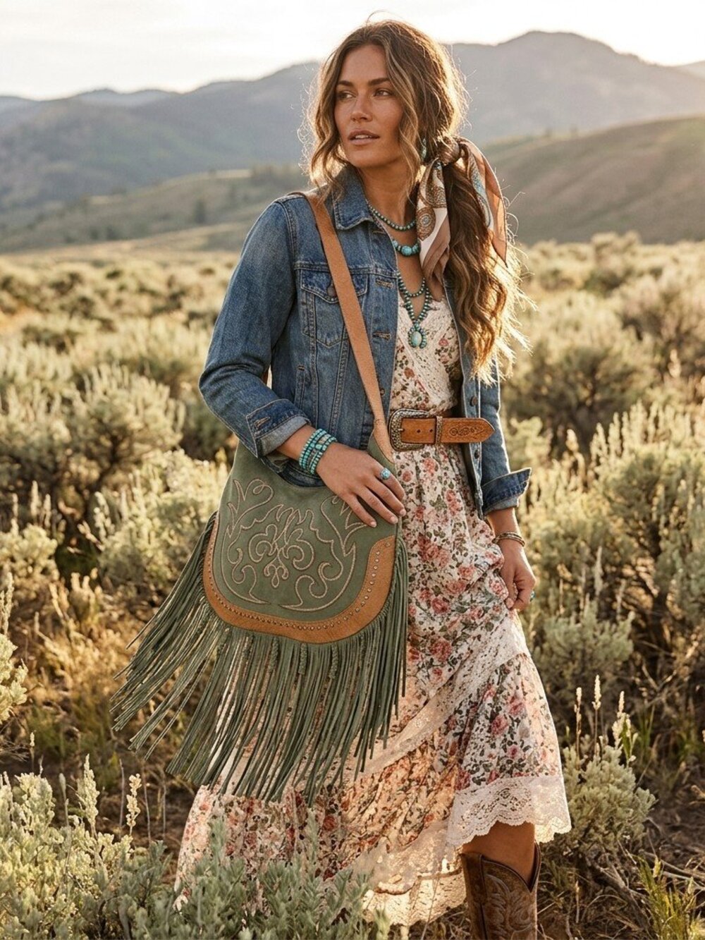 Sage Whisper Fringe Leather Bag in Green